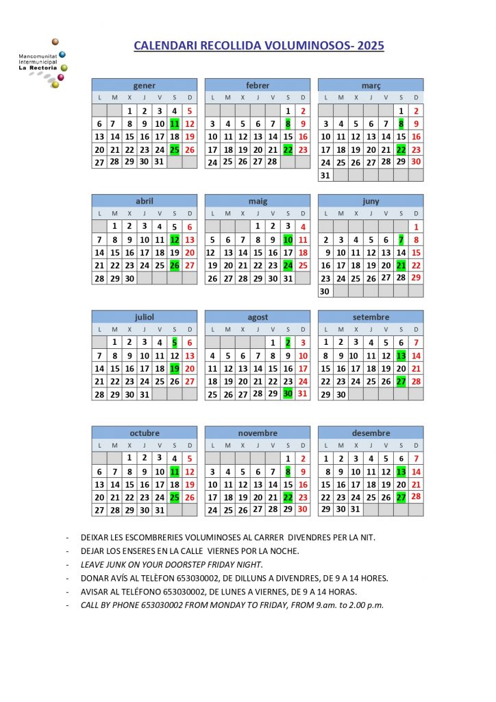 CALENDARIO 2025 RECOGIDA RSU, PODA Y VOLUMINOSOS SANET Y NEGRALS