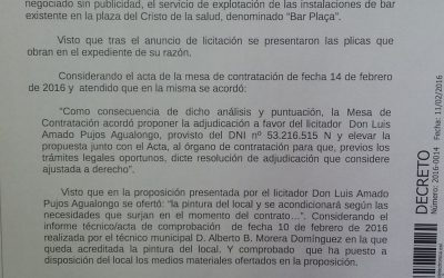 Adjudicación del servicio de explotación de las instalaciones de bar en la Plaza del Cristo de la Salud